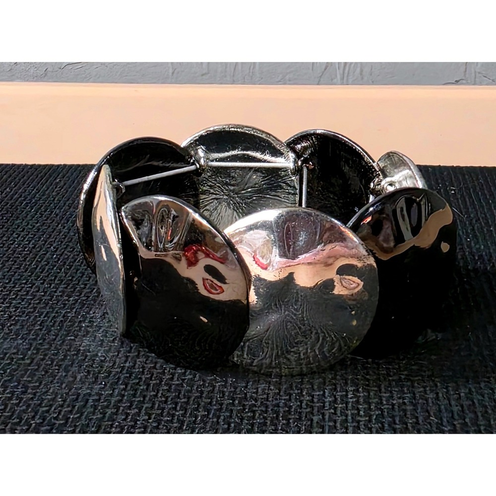 Chunky‎ Metallic Black Silver Disc Stretch Bracelet Statement Bangle Cuff Women